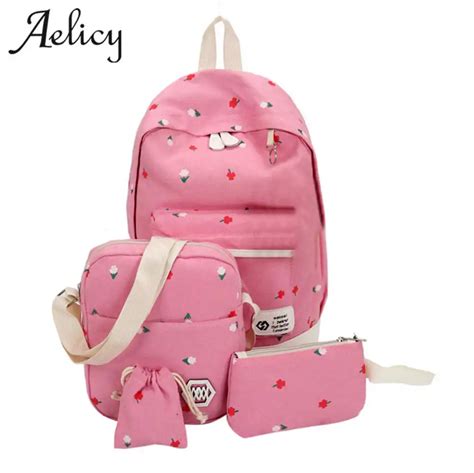 Aelicy Women Backpack 4 pcs/Set Canvas Printing Backpacks Women Cute Bookbags Teenage Backpacks ...