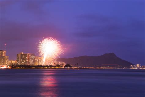 Fireworks Over Waikiki Honolulu Hawaii Stock Photo - Download Image Now ...