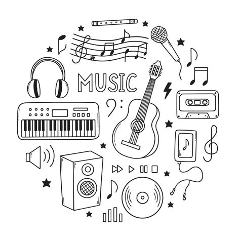 Hand drawn Music doodle. Musical instruments, notes, headphones in ...