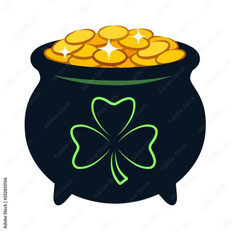 Pot of gold vector cartoon illustration. Black pot filled with ...