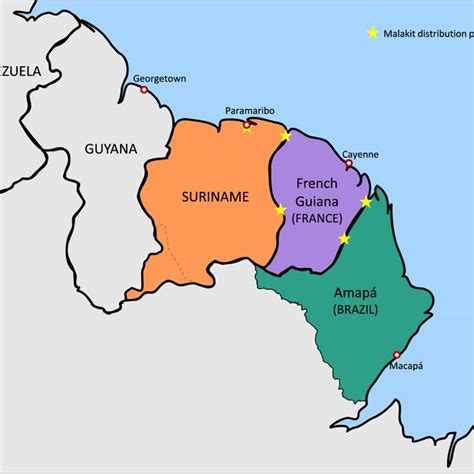 Map of the Guiana Shield with the Malakit distribution points ...