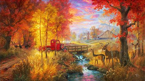 1080P free download | Country Road, artwork, barn, creek, painting ...