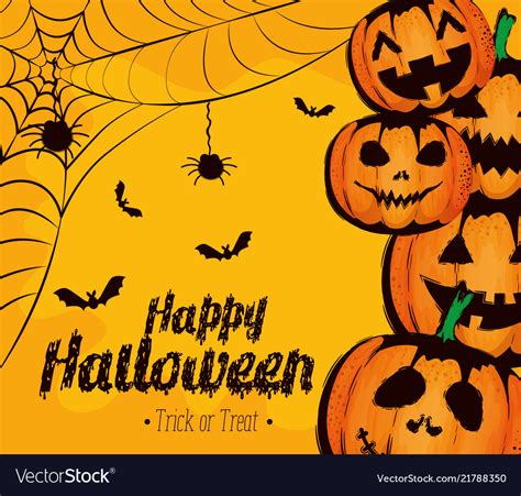 Happy halloween card with pumpkins and spiderweb Vector Image