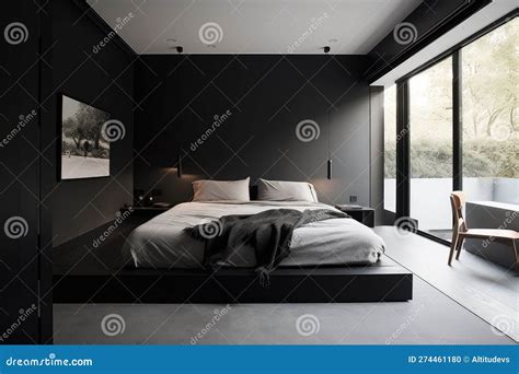 Minimalist Bedroom, with Sleek Black Bed and White Sheets Stock ...