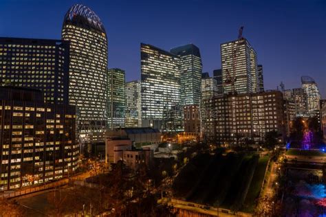 Paris La Defense CBD Skyline with Lights on after Sunset with City ...