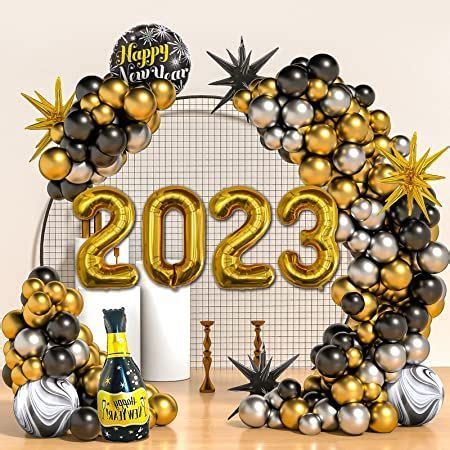 ZFUNBO Black Gold Silver Balloons Garland Arch Kit, 129Pcs New Years Eve Party Supplies 2024 ...