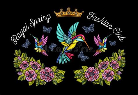 Hummingbirds Butterflies Crown Flowers Embroidery Patch. Humming Stock Illustration ...