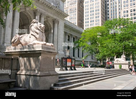 The twin lions in front of the New York Public Library at Fifth Avenue in New York City Stock ...