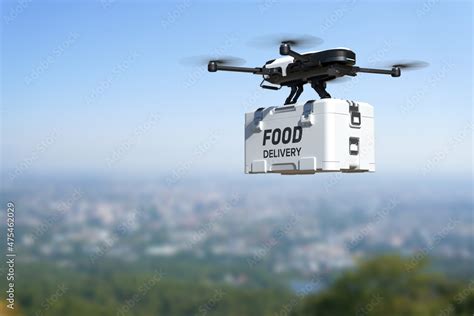 Food delivery drone, Autonomous delivery robot, Business air transportation concept. Stock Photo ...