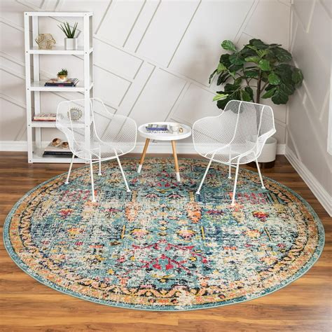 Rugs.com El Paso Collection Rug – 8 Ft Round Blue Medium Rug Perfect For Kitchens, Dining Rooms ...