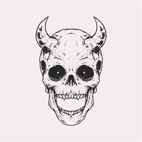 Download Vintage monochrome skull with devil horn in forehead illustration for free | Skull ...