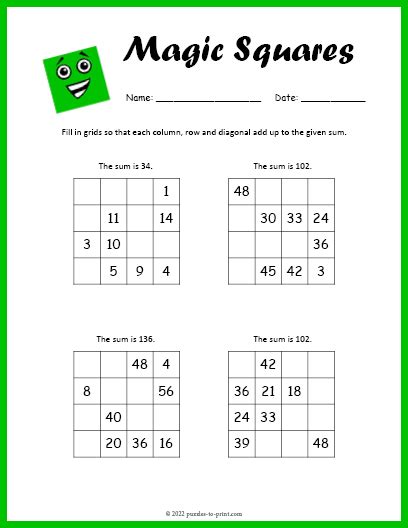 Intermediate Magic Square Worksheet