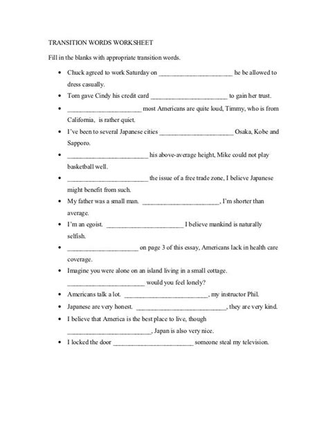 Transition words worksheet