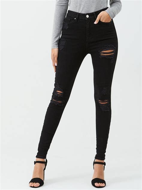 New Look Womens Nibbled Rip Split Skinny Jeans Jeans Women's Clothing
