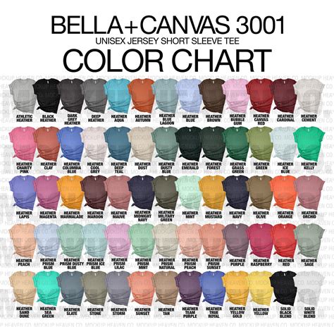 Bella Canvas 3001 Mockup Color Chart JPEG PNG All 130 Colors - Etsy