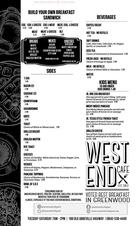 Menu at West End Cafe, Greenwood