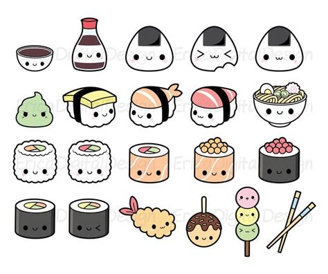 Sushi Kawaii Clipart Bundle Cute Sushi Clip Art Onigiri Nigiri Maki Ramen Noodles Soy Sauce ...