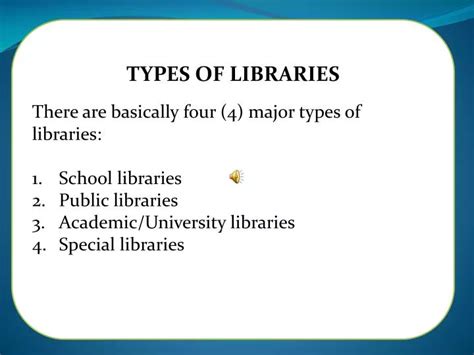 PPT - TYPES OF LIBRARIES There are basically four (4) major types of libraries: School libraries ...