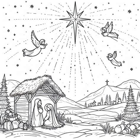 Christmas Landscape Star and Angels 🌟👼 Coloring Page