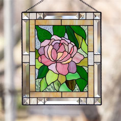 Peony window hanging panel of stained glass