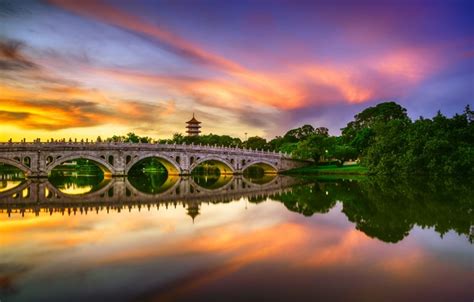 Wallpaper sunset, bridge, lake, reflection, Singapore, pond, Singapore ...