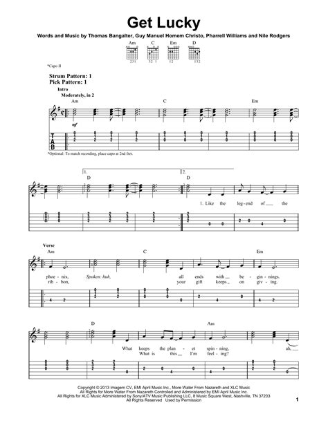 Get Lucky by Daft Punk Featuring Pharrell Williams Sheet Music for Easy Guitar Tab at Sheet ...