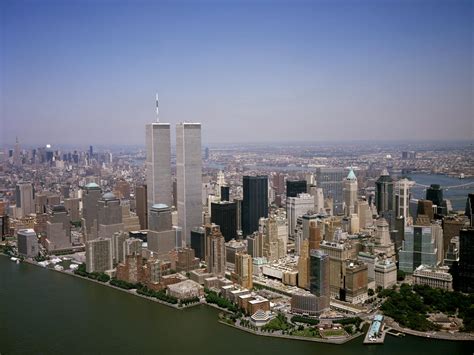 Aerial view of the World Trade Center Twin Towers, and lower Manhattan, New York, New York ...