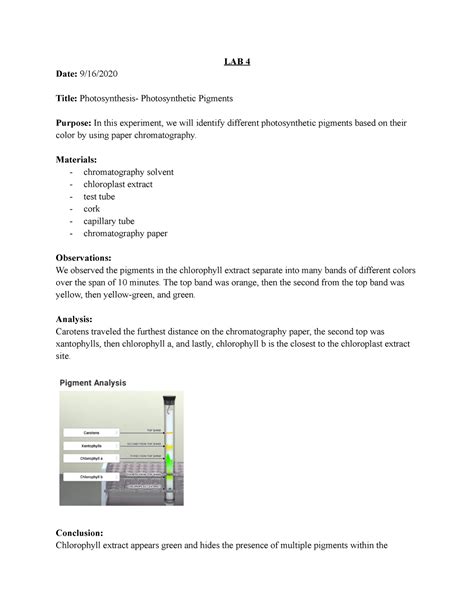 Photosynthesis - photosynthetic pigments - LAB 4 Date: 9/16/ Title: Photosynthesis ...