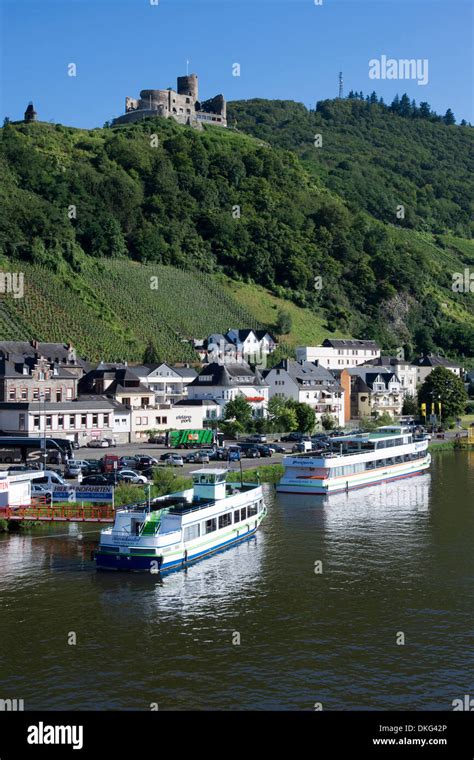 Moselle river at Bernkastel village with ruine of Burg Landshut castle, Bernkastel-Kues village ...