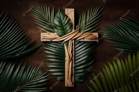 Premium Photo | Palm sunday concept. wooden cross over palm leaves.