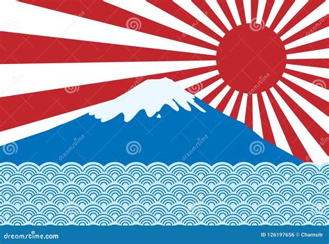 Vector of Red Sun Ray of Japan Rising Sun with Fuji San and Blue Stock Vector - Illustration of ...