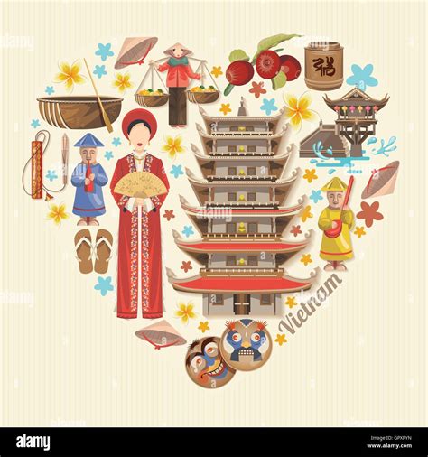 Travel to Vietnam. Set of traditional Vietnamese cultural symbols Stock Vector Art ...