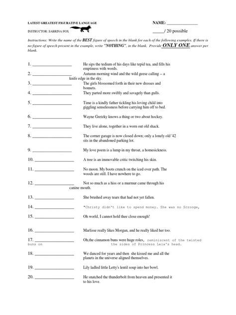 Figures of Speech Worksheet