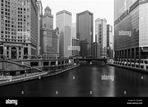 Chicago - March 2017, IL, USA: Black and white photo of Chicago downtown with skyscrapers ...