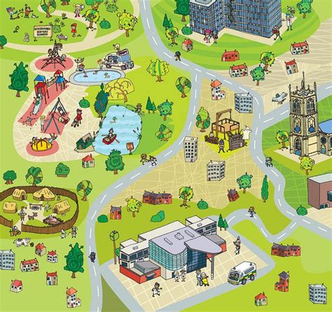 an illustrated map of a city with lots of buildings and people walking ...