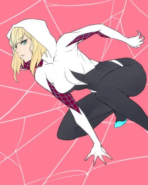 ban blonde hair bodysuit green eyes gwen stacy highres hood marvel spider-man (series) | 1436158 ...