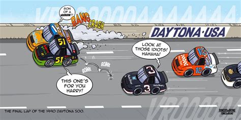 Cartoon: The final lap of the 1990 Daytona 500 : NASCAR