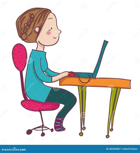 Smiling Cartoon Woman At Laptop Royalty Free Stock Photos - Image: 28220448