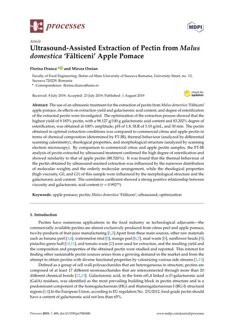 (PDF) Ultrasound-Assisted Extraction of Pectin from Malus domestica ‘Fălticeni’ Apple Pomace