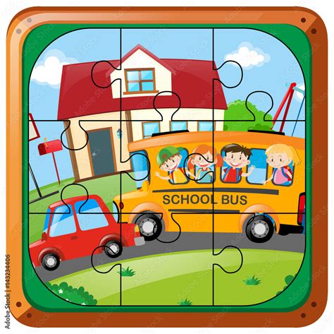 Jigsaw puzzle game with kids on bus Stock Vector | Adobe Stock