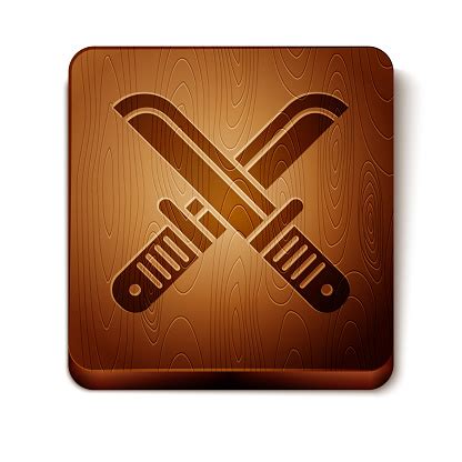 Brown Crossed Hunter Knife Icon Isolated On White Background Army Knife Wooden Square Button ...