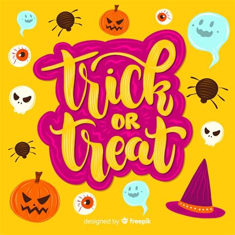 Trick or treat stickers on orange background lettering Vector | Free Download