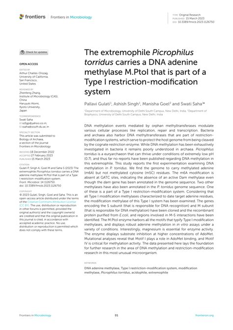 (PDF) The extremophile Picrophilus torridus carries a DNA adenine methylase M.PtoI that is part ...