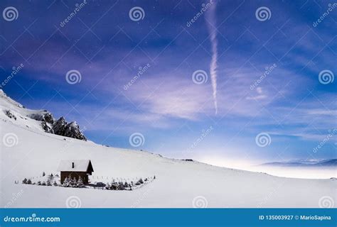 Mountain Cabin Winter Night Landscape Amazing Sky Stock Image - Image ...