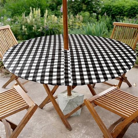 Tablecloth With Hole For Umbrella, Vinyl With Flannel Back, Fits For Table 42" Round, Checked ...