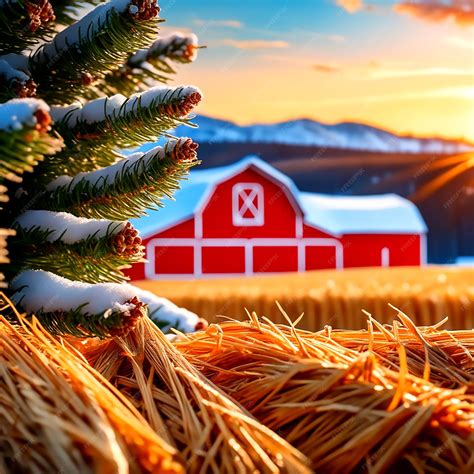 Premium AI Image | A Christmas Tree Farm With A Red Barn And Hay Bales ...