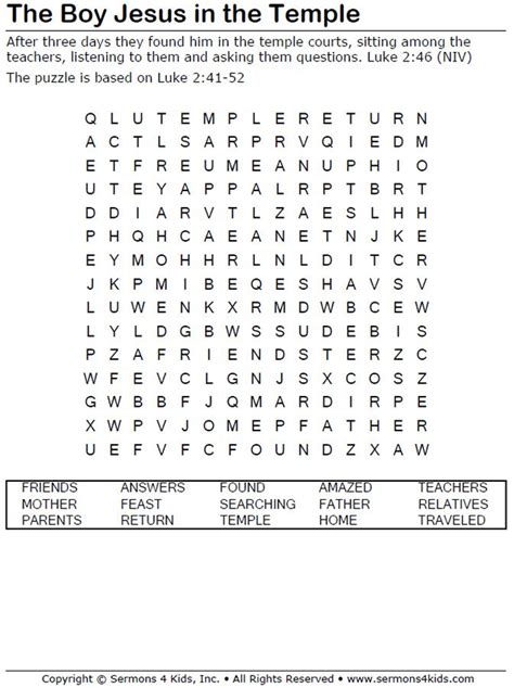 Jesus in the Temple - Word Search | Kids club craft ideas | Pinterest