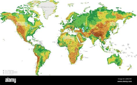 Physical World Map vector illustration with cities, countries and ...