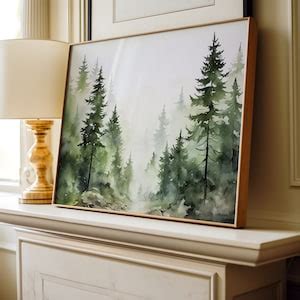 Evergreen Trees Painting Pine Forest Watercolor Misty Forest Art Print ...