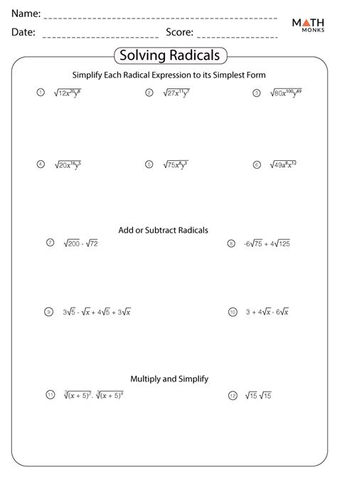 Simplifying Radicals Worksheets - Math Monks